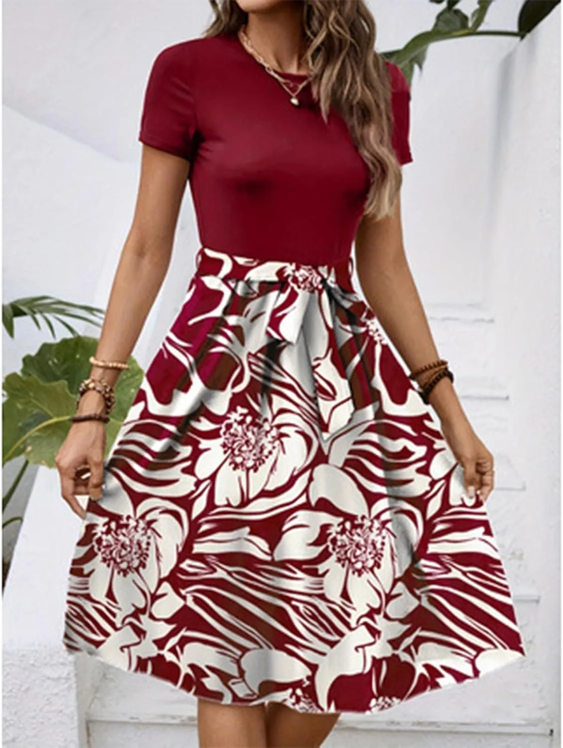 Wedding Guest Dresses for Women Short Sleeve Floral Sundress Elegant Boho Tie Belted Empire Waist Ruffle Hem Flowy Dress