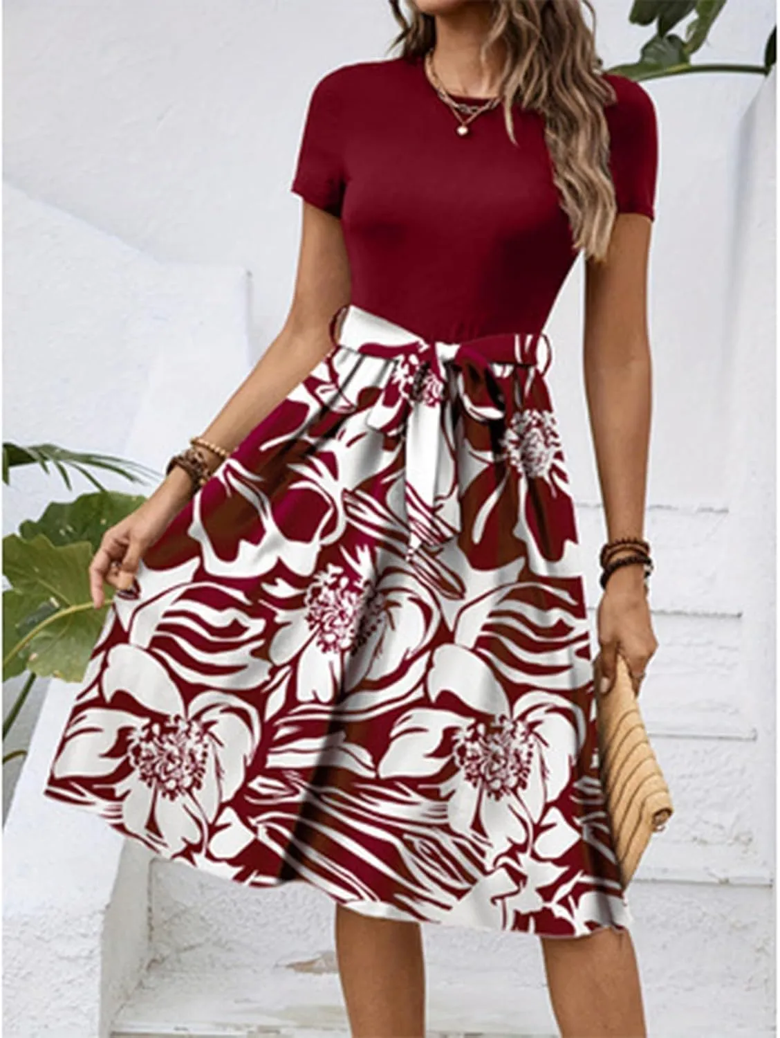 Wedding Guest Dresses for Women Short Sleeve Floral Sundress Elegant Boho Tie Belted Empire Waist Ruffle Hem Flowy Dress