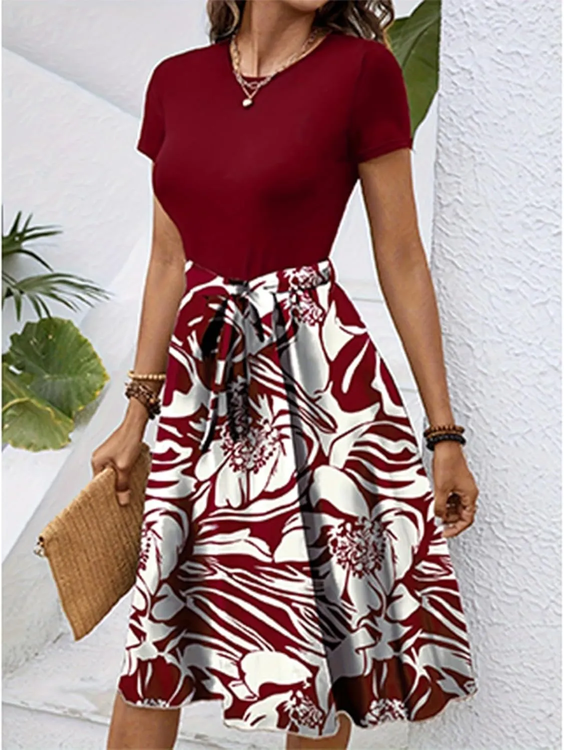 Wedding Guest Dresses for Women Short Sleeve Floral Sundress Elegant Boho Tie Belted Empire Waist Ruffle Hem Flowy Dress