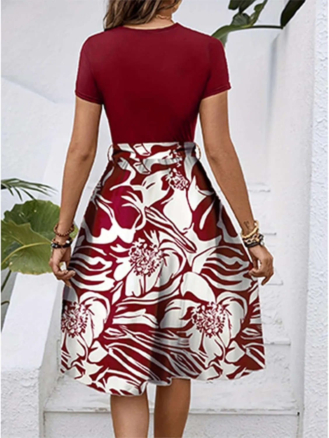 Wedding Guest Dresses for Women Short Sleeve Floral Sundress Elegant Boho Tie Belted Empire Waist Ruffle Hem Flowy Dress