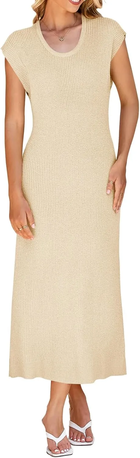 Wenrine Womens Ribbed Knit Maxi Dress Casual Short Sleeve Loose Fit Summer Long Dress