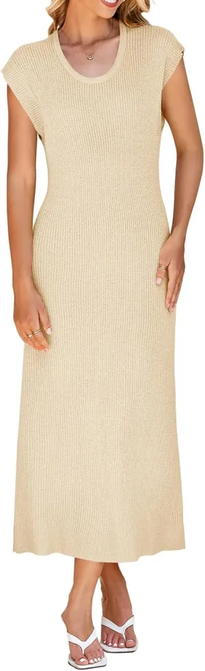 Wenrine Womens Ribbed Knit Maxi Dress Casual Short Sleeve Loose Fit Summer Long Dress