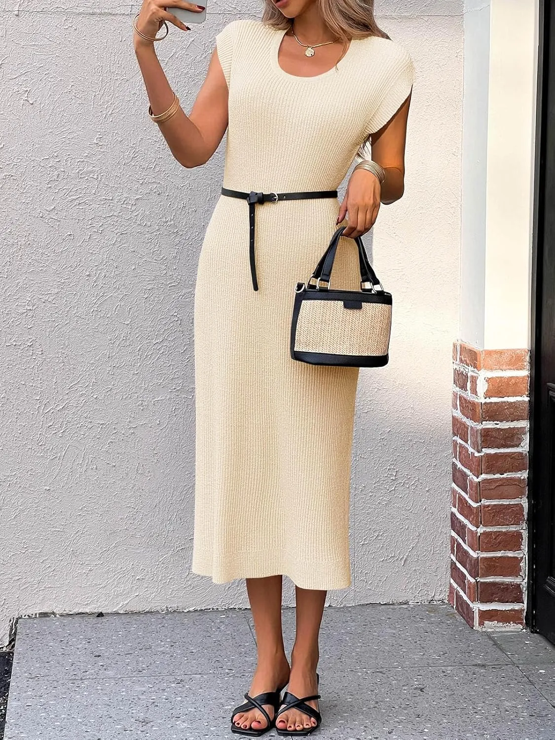 Wenrine Womens Ribbed Knit Maxi Dress Casual Short Sleeve Loose Fit Summer Long Dress