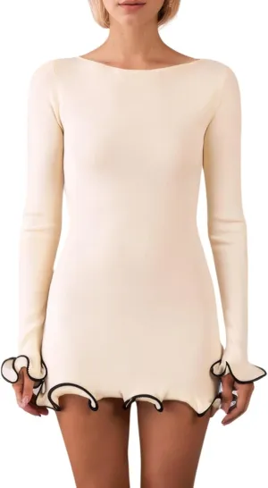 Women Elegant Ruffle Hem Knit Mini Dress Long Sleeve Contrast Color Patchwork Bodycon Short Sweater Dress Fall