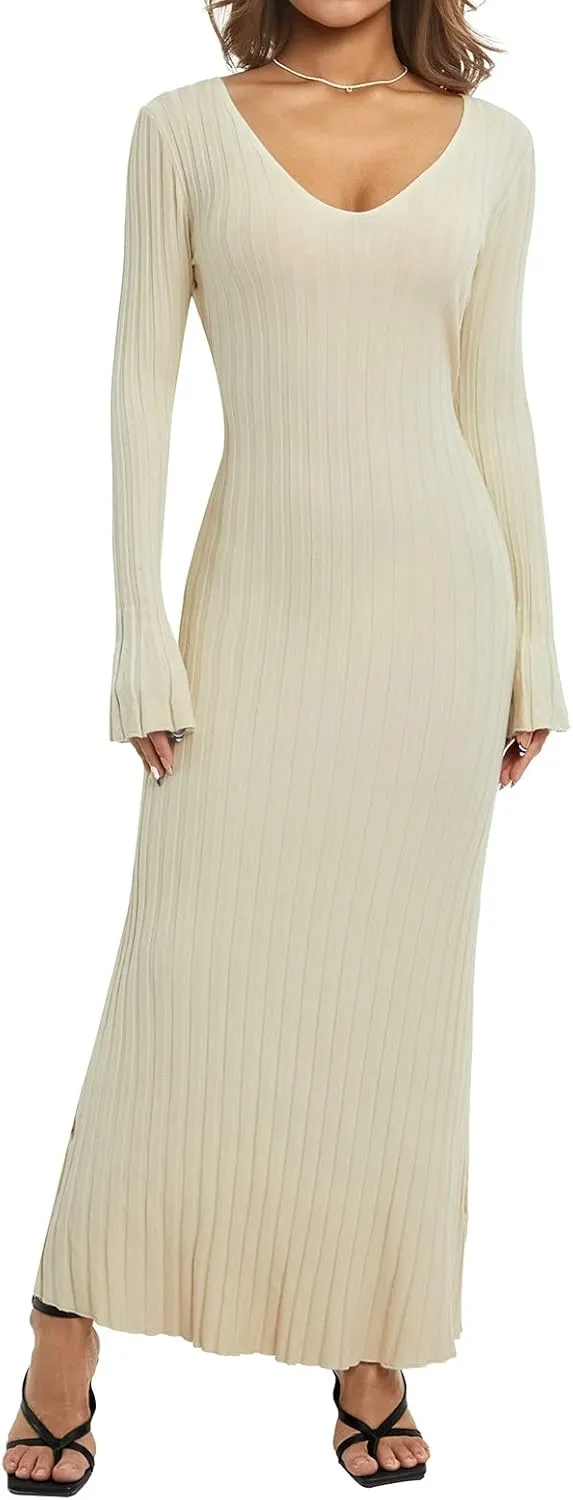 Women Ribbed Knit Long Sleeve Maxi Dress Slim Fit Solid Color Bodycon Pencil Long Dress Casual Fall Winter Clothes