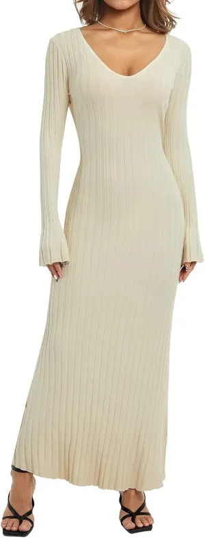 Women Ribbed Knit Long Sleeve Maxi Dress Slim Fit Solid Color Bodycon Pencil Long Dress Casual Fall Winter Clothes