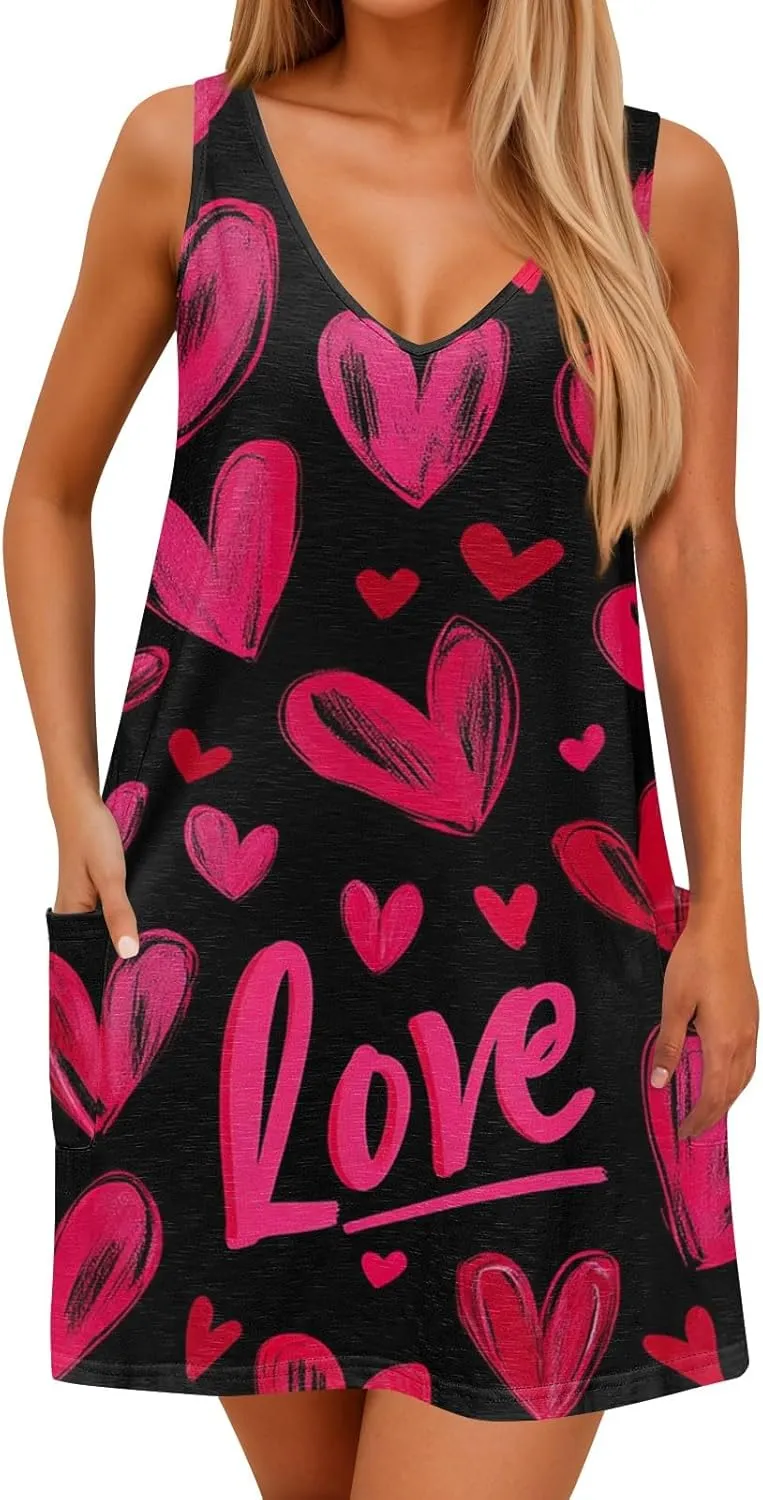 Women Summer Dresses Sleeveless V Neck Swimsuit Coverup Vacation Casual Sundress Printed Beach Dress with Pocket