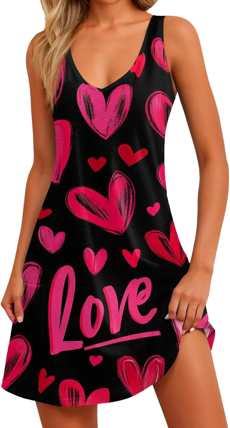 Women Summer Dresses Sleeveless V Neck Swimsuit Coverup Vacation Casual Sundress Printed Beach Dress with Pocket