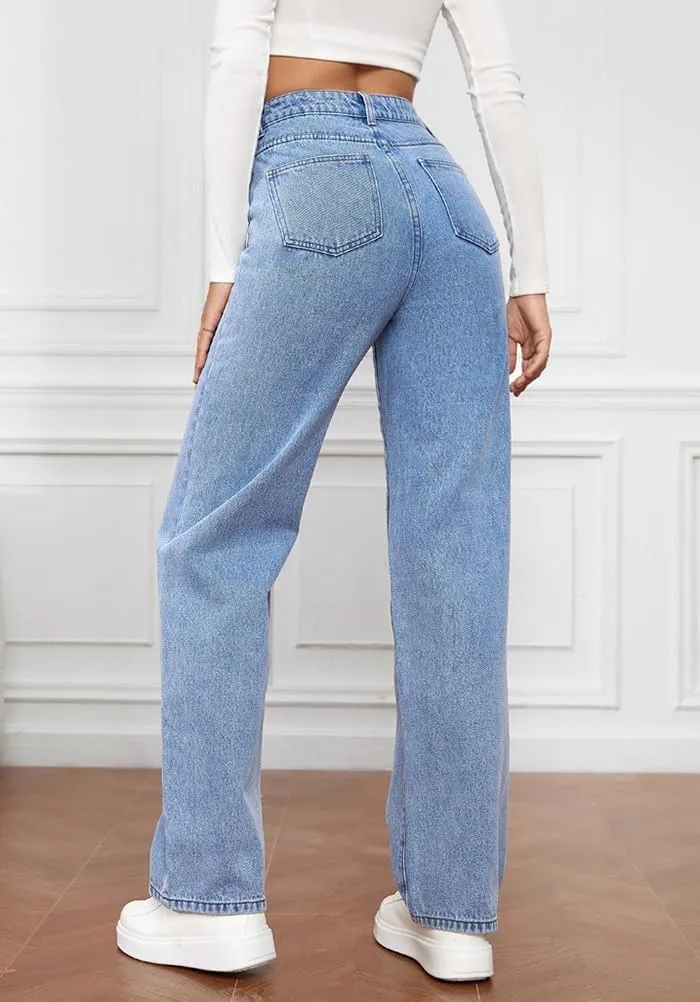 Womens High Waist Jeans Wide Leg Straight Boyfriend Denim Pants Loose Fit Casual Trendy Jeans Trousers