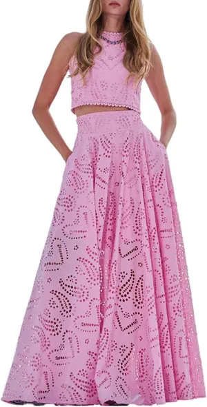 Women's Lace Eyelet 2 Piece Skirt Set Sleeveless Crop Tops Long Trendy Embroidery Flowy Swing Party Club Skirt Set