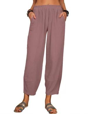 Womens Loose Casual Wide Leg Pants Loose Lightweight Comfy Elastic Waist Lantern Tapered Cropped Trousers with Pockets