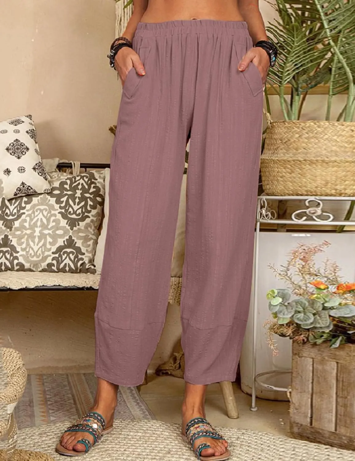 Womens Loose Casual Wide Leg Pants Loose Lightweight Comfy Elastic Waist Lantern Tapered Cropped Trousers with Pockets
