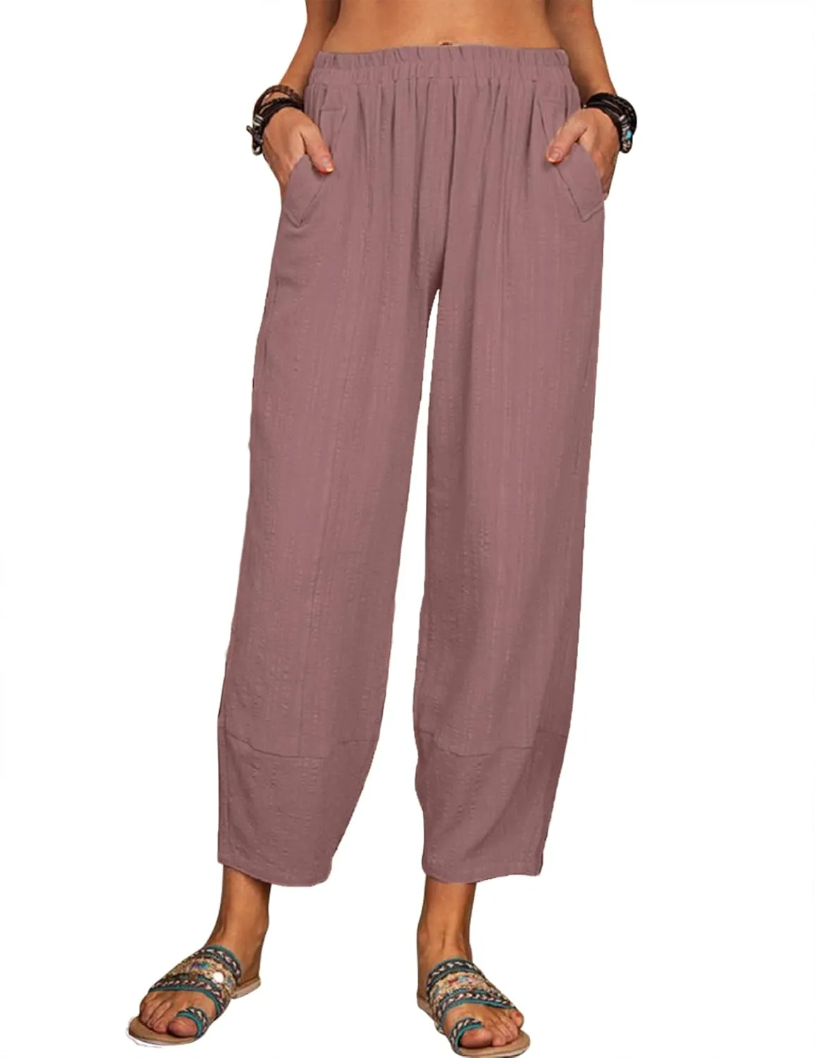 Womens Loose Casual Wide Leg Pants Loose Lightweight Comfy Elastic Waist Lantern Tapered Cropped Trousers with Pockets