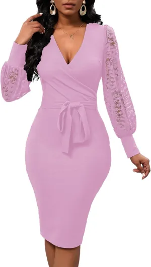 Womens Sexy Wrap V Neck Lantern Lace Long Sleeve Bodycon Midi Dress Semi Formal Cocktail Party Dresses
