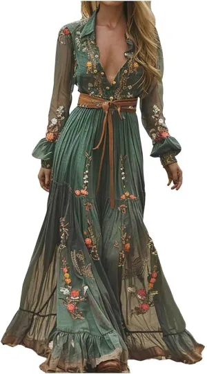 Women's Vintage Pastoral Flower Long Dress Sexy V-Neck Long Sleeve Chiffon Western Country Dresses Fall Sexy Maxi Dress