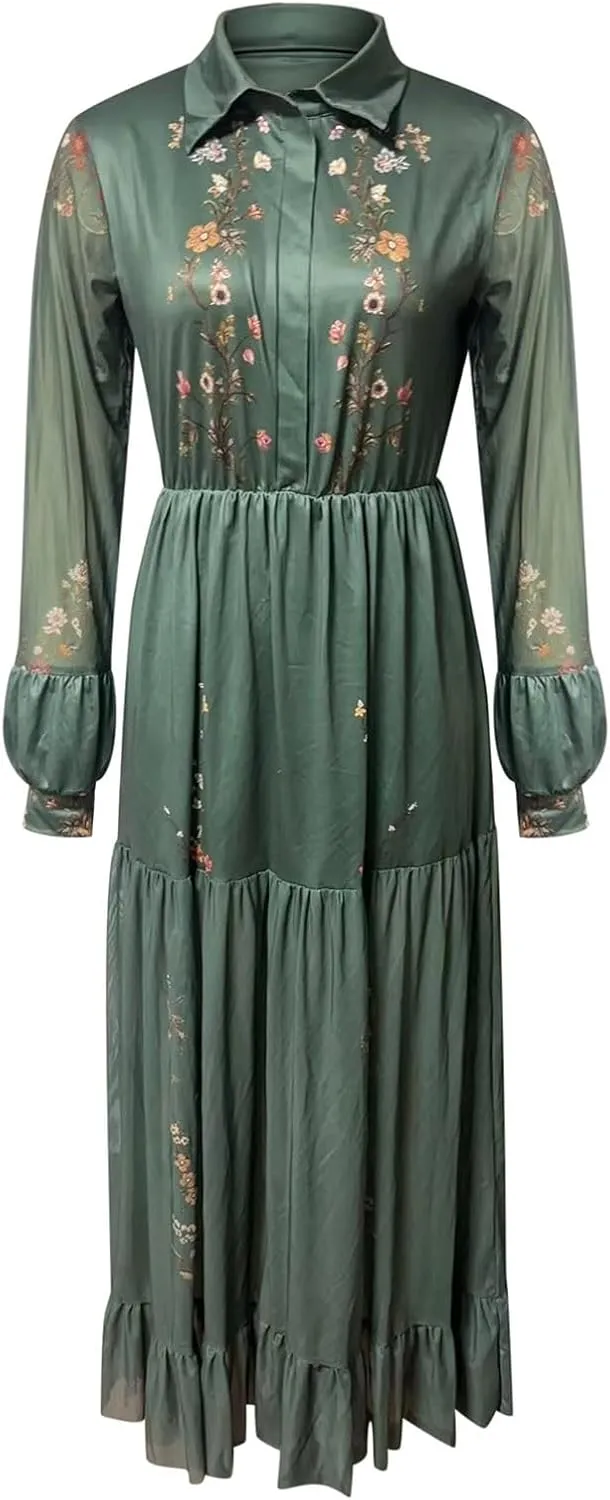 Women's Vintage Pastoral Flower Long Dress Sexy V-Neck Long Sleeve Chiffon Western Country Dresses Fall Sexy Maxi Dress
